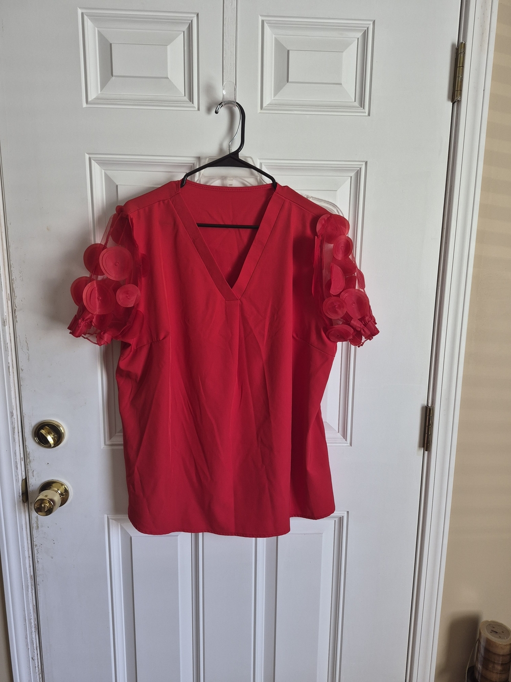V-Neck Red Puff Sleeve Blouse with Disc Appliqués